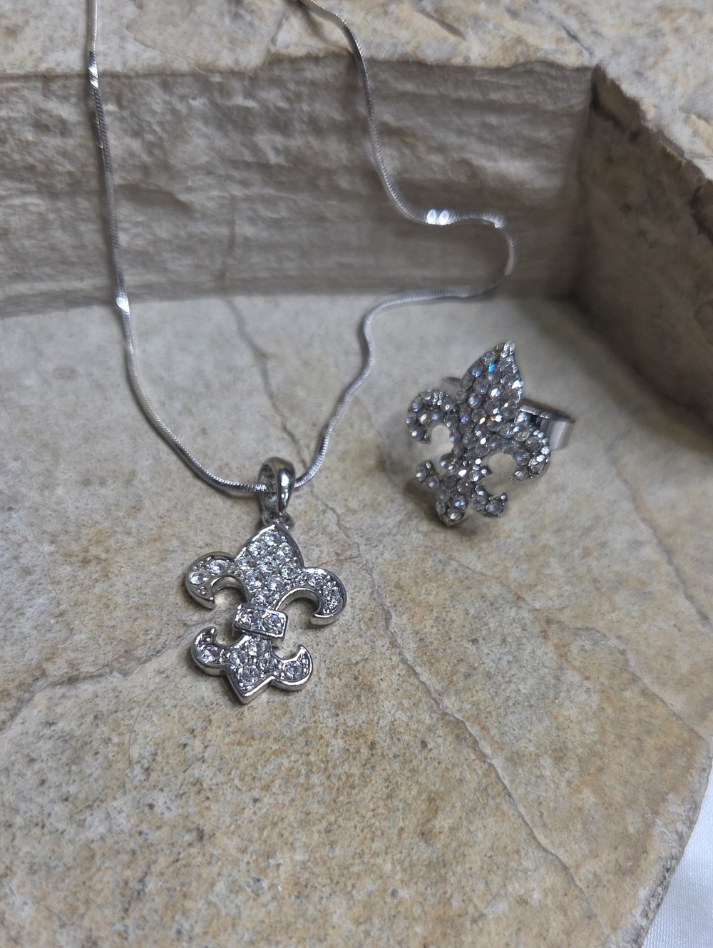 Silver Stainless Steel Fleur-de-Lis Crystal Necklace and Adjustable Ring Set
